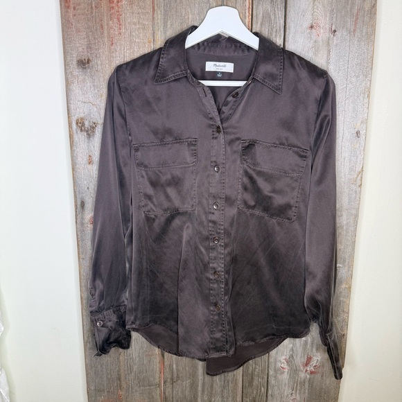 Madewell Washed Silk Charmuse Button Front Flap Pocket Shirt in Carob Brown - Picture 11 of 11